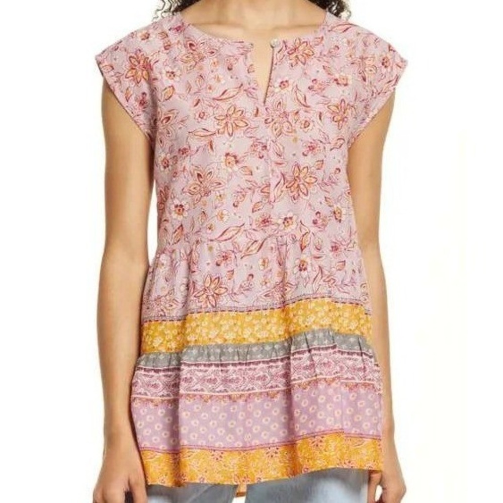 Beachlunchlounge Womens Pink Floral Tiered 100% Cotton Boho Blouse Top XS